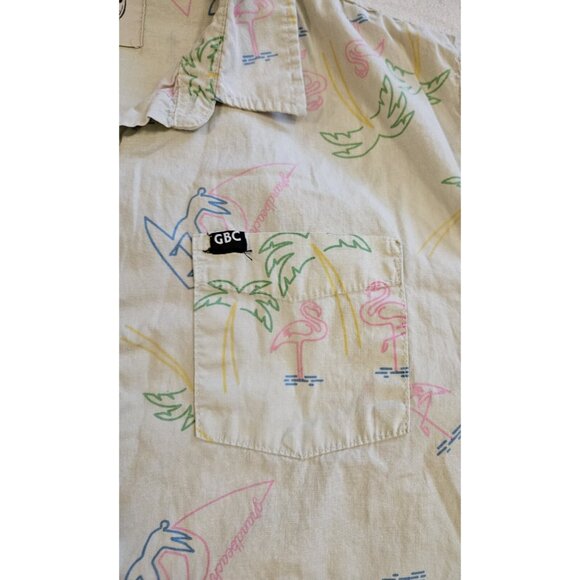 Grand Beach Club Hawaiian Button Up Shirt Mens Large Flamingo Surfer Palm Tree - Picture 2 of 8
